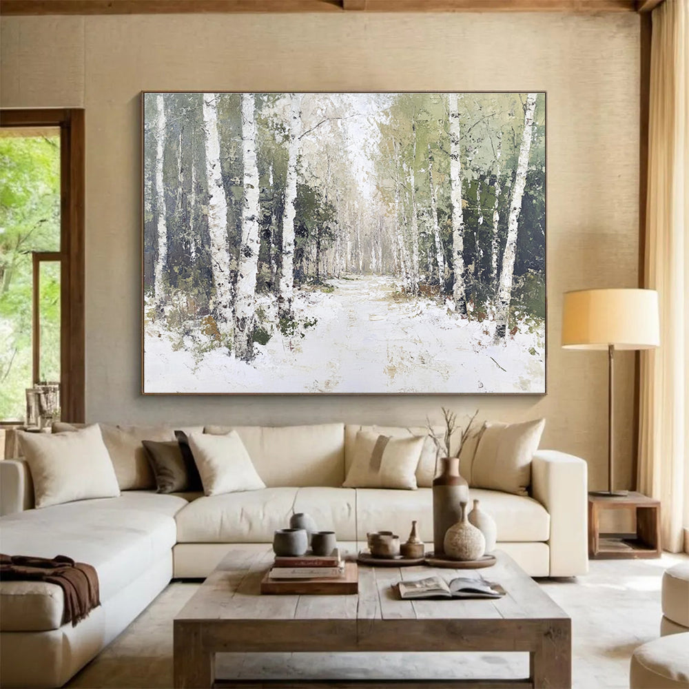 A large abstract painting of birch trees with white bark and green leaves, featuring soft lighting and textured tree trunks against a snowy ground.SC466