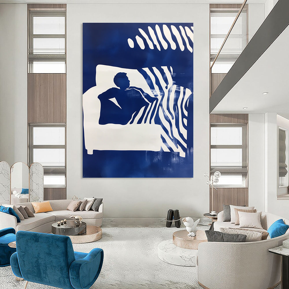 Abstract art featuring a man on a couch with blue and white stencil print and a zebra pattern background in a striking double exposure effect.STSC1210