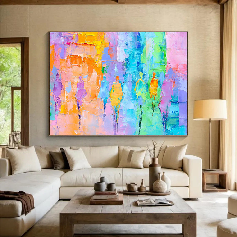 Large abstract painting of a parade featuring pastel colors and expressive brushstrokes in light blue pink green yellow and orangeSC177