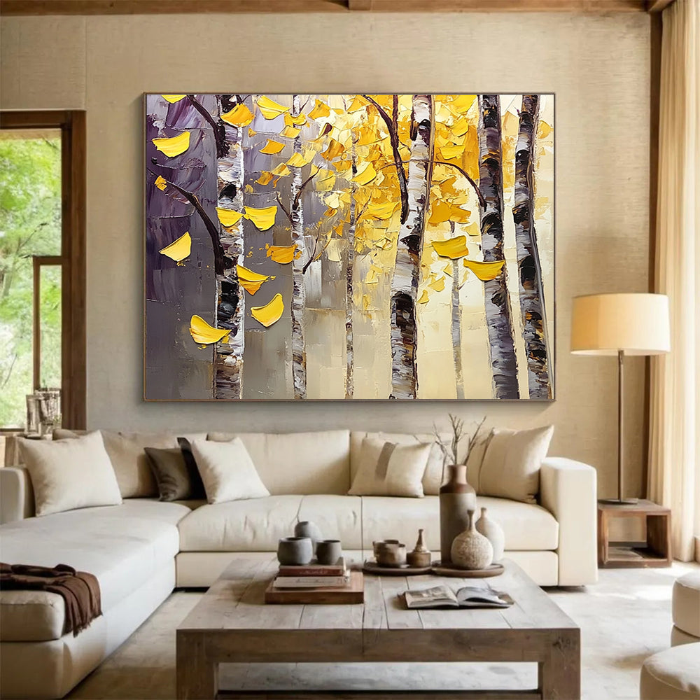 Autumn Birch Trees Abstract Painting with Yellow and Purple Tones DYP565