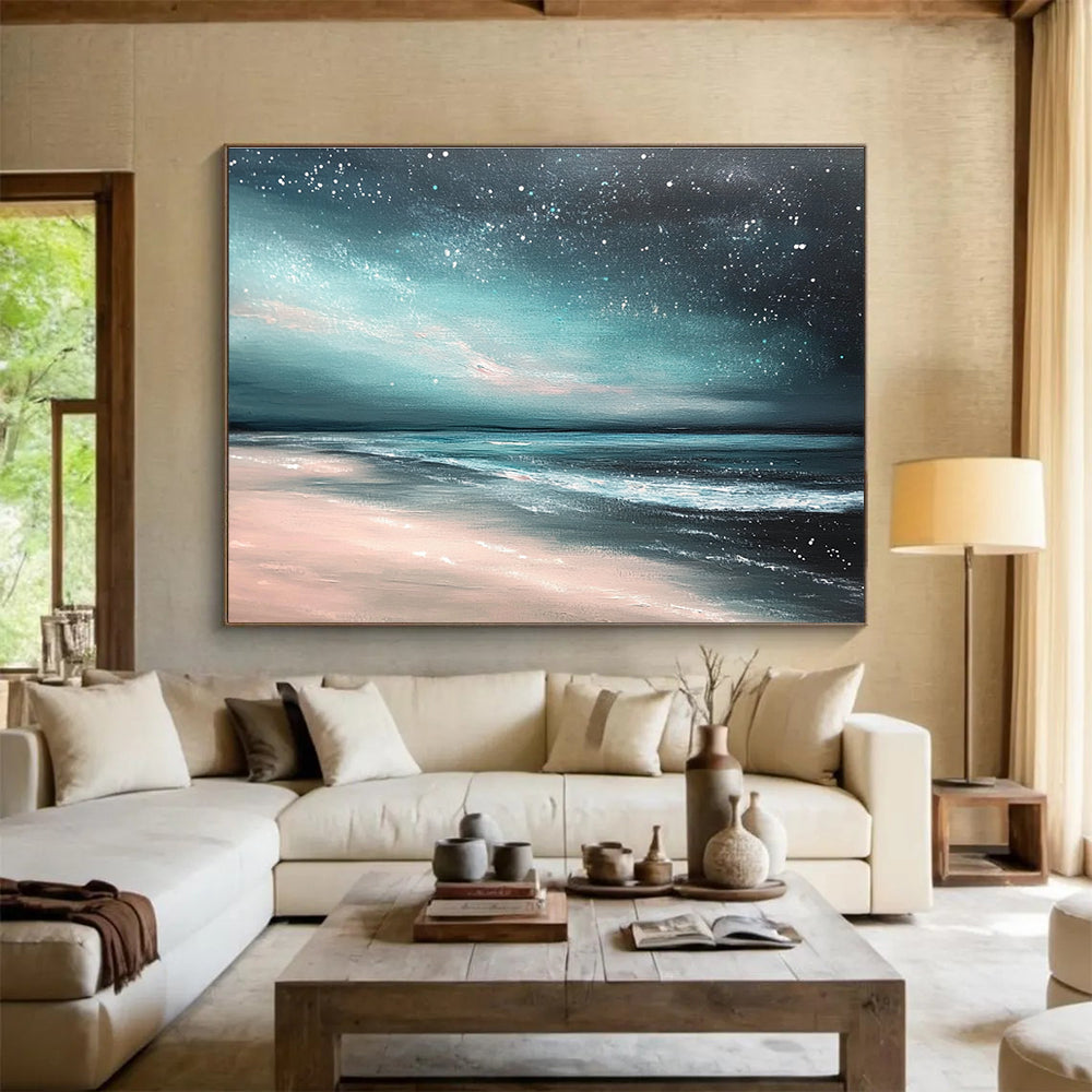 An abstract painting featuring a light teal and dark gray sky with stars, capturing a serene nighttime beach atmosphere.SC398