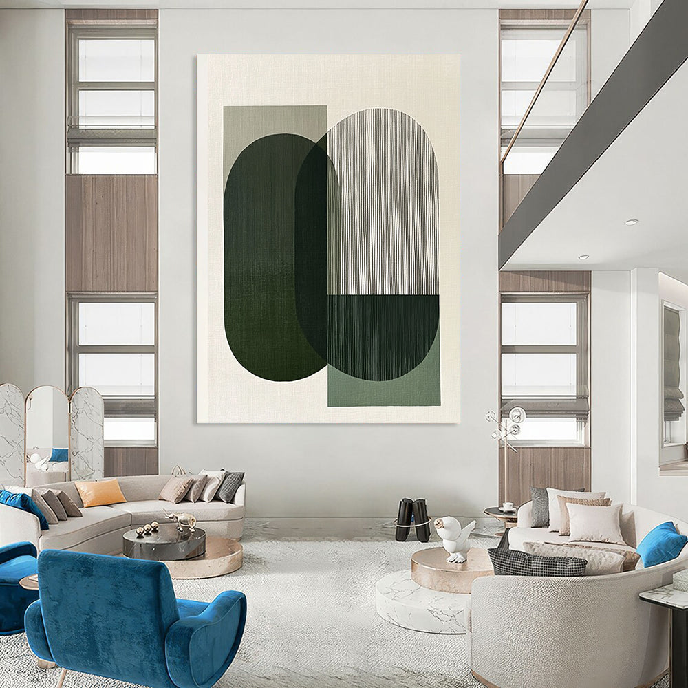 A large abstract painting features overlapping green and gray shapes evoking calmness and balance through minimalist design and clean lines.STSC1178