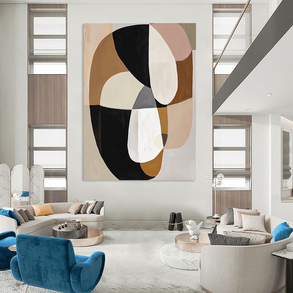 Large abstract painting featuring loose black white and beige shapes in neutral muted tones inspired by Marie Livingstone.STSC740