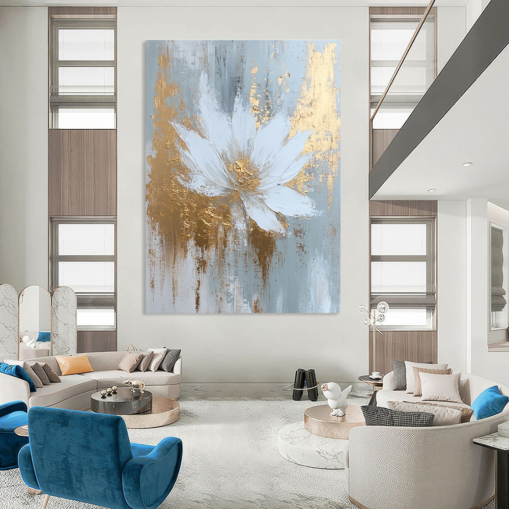 Large abstract painting featuring white and gold hues with textured brush strokes and atmospheric effects in a dreamy misty style.STSC381