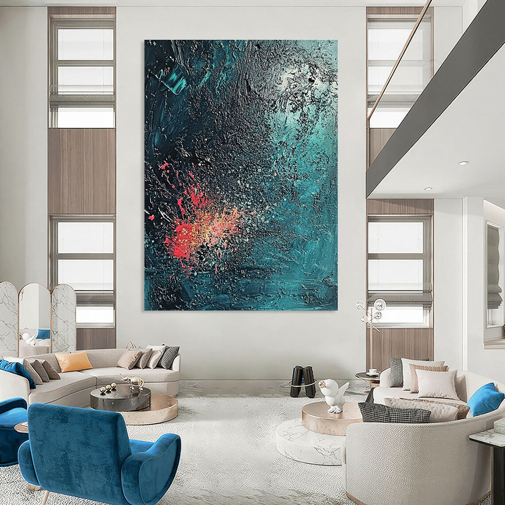 Large Abstract Painting with a Textured Surface in Dark Blue and Emerald Green evoking a Mysterious Deep Sea Atmosphere with Coral Reef Hints.STSC734
