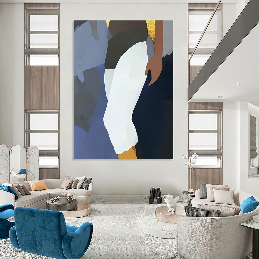 Large abstract painting featuring a fluid design with a dark blue background elegant Devanagari lettering and an anime character in white pants and black socks.STSC936