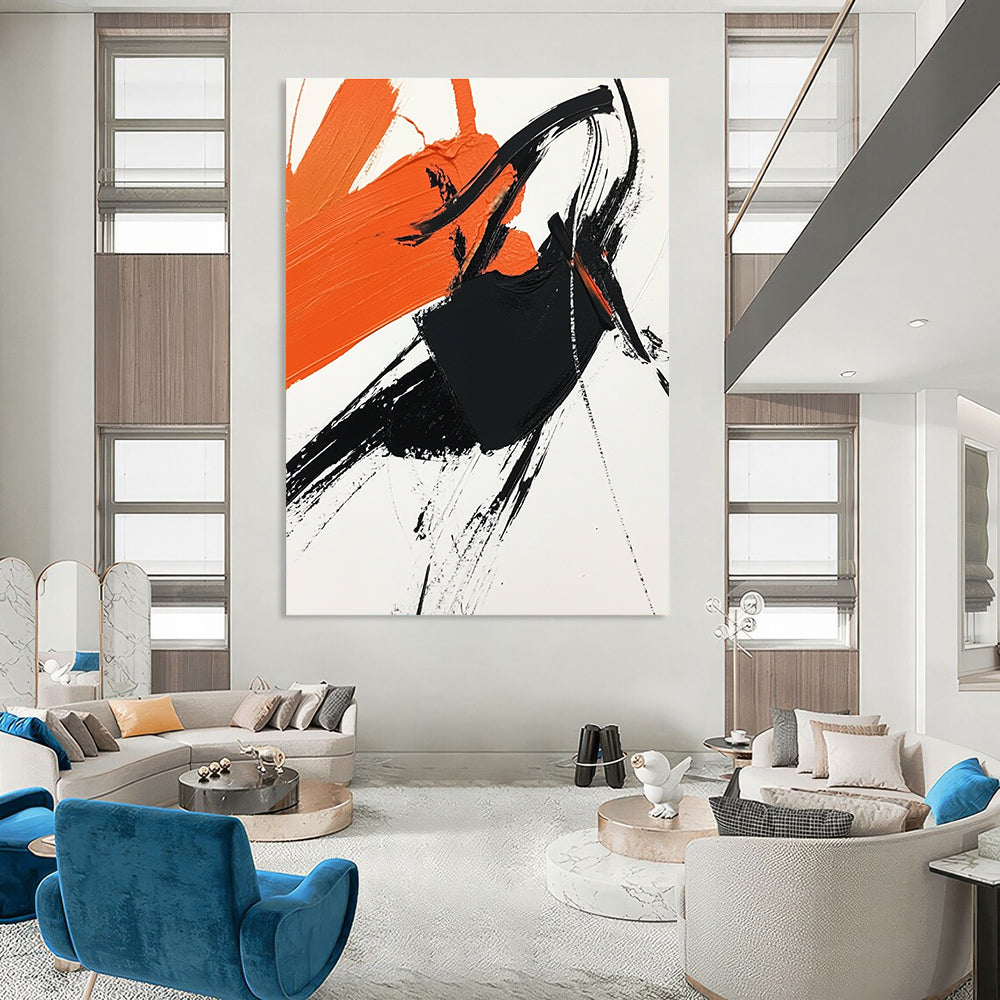 Abstract painting featuring black and orange on white paper with a cheering figure celebrating victory in a simplistic yet vibrant composition.STSC1274