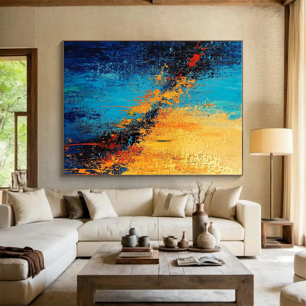 Blue and Orange Abstract Painting with Fiery Contrasts GER387