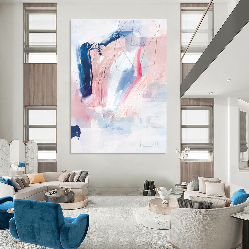 Pastel Abstract with Pink, Blue, and Black Lines Painting ADGE155