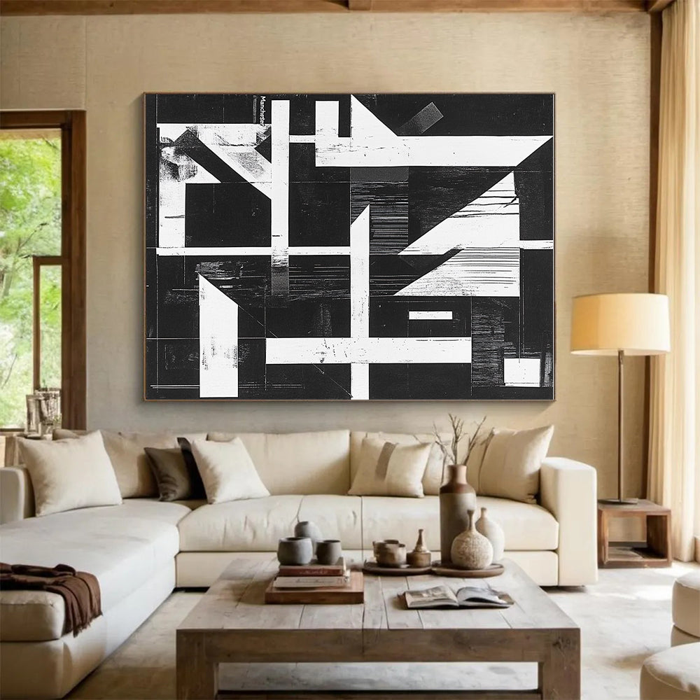 Black and White Geometric Abstract Painting with Architectural Forms GER145