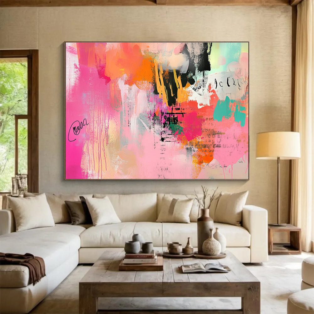 An abstract expressionist painting featuring chaotic brush strokes and soft gradients in pinks and oranges, creating vibrant energy and depth.SC309