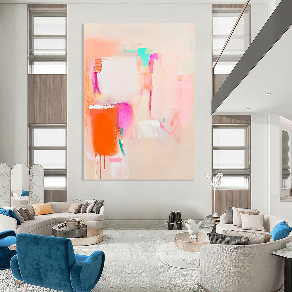 Large abstract painting in soft pink orange and white featuring everyday objects for a calming and dreamy effect on a light beige background.STSC623