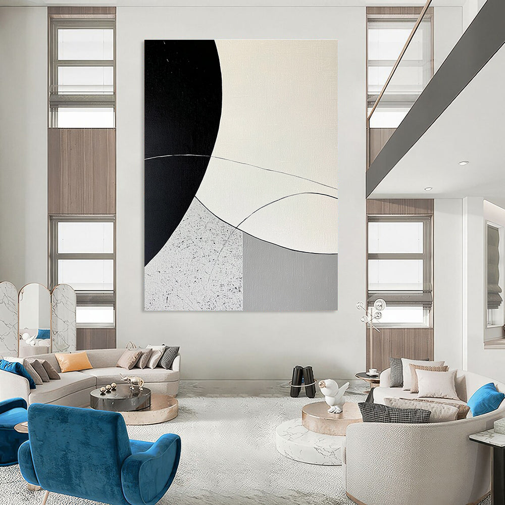 Large abstract painting featuring minimalist curved lines and rounded shapes in black and gray on a textured white background with a circular pattern.STSC436