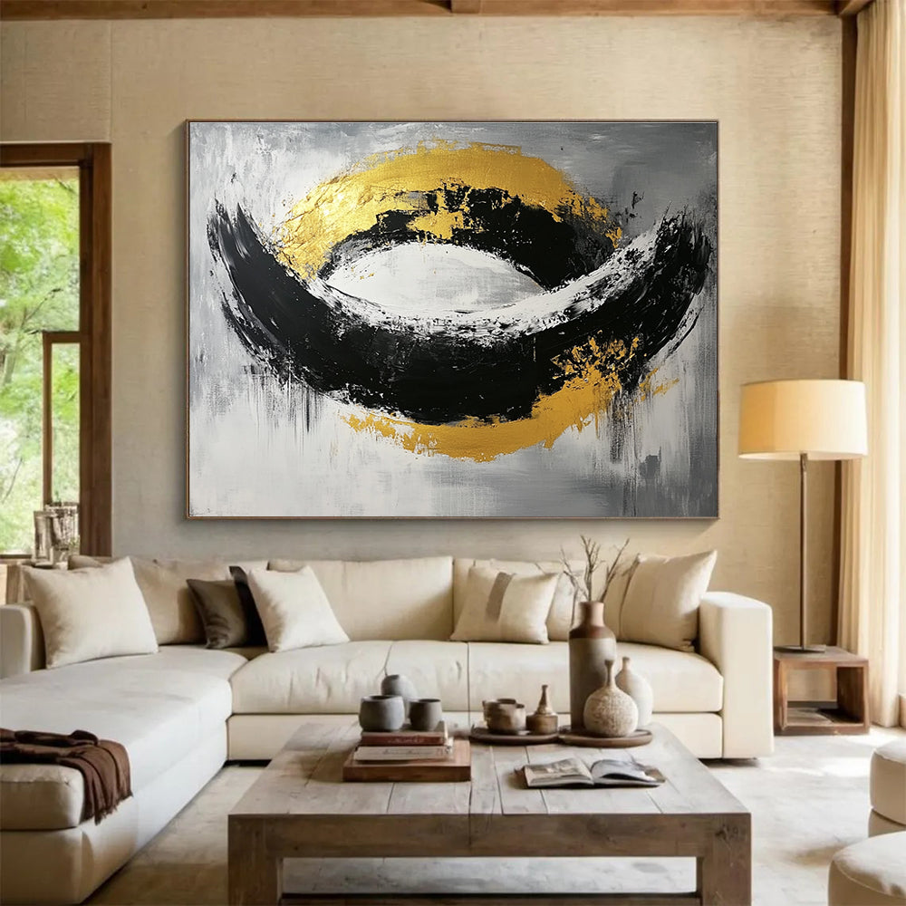 Black White and Gold Abstract Painting with Bold Shapes DYP296