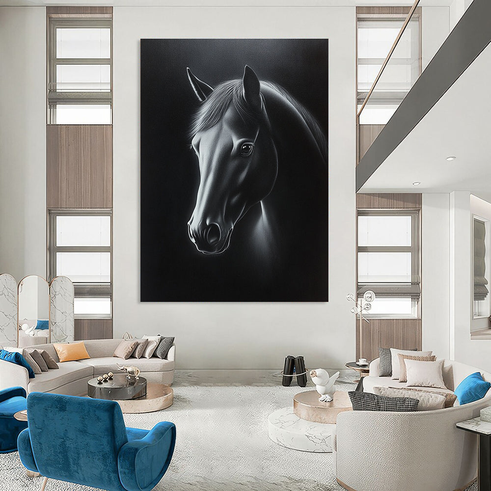 A large abstract oil painting of a horse's head in black and white with elegant lighting highlighting its features against a dark background.STSC1076