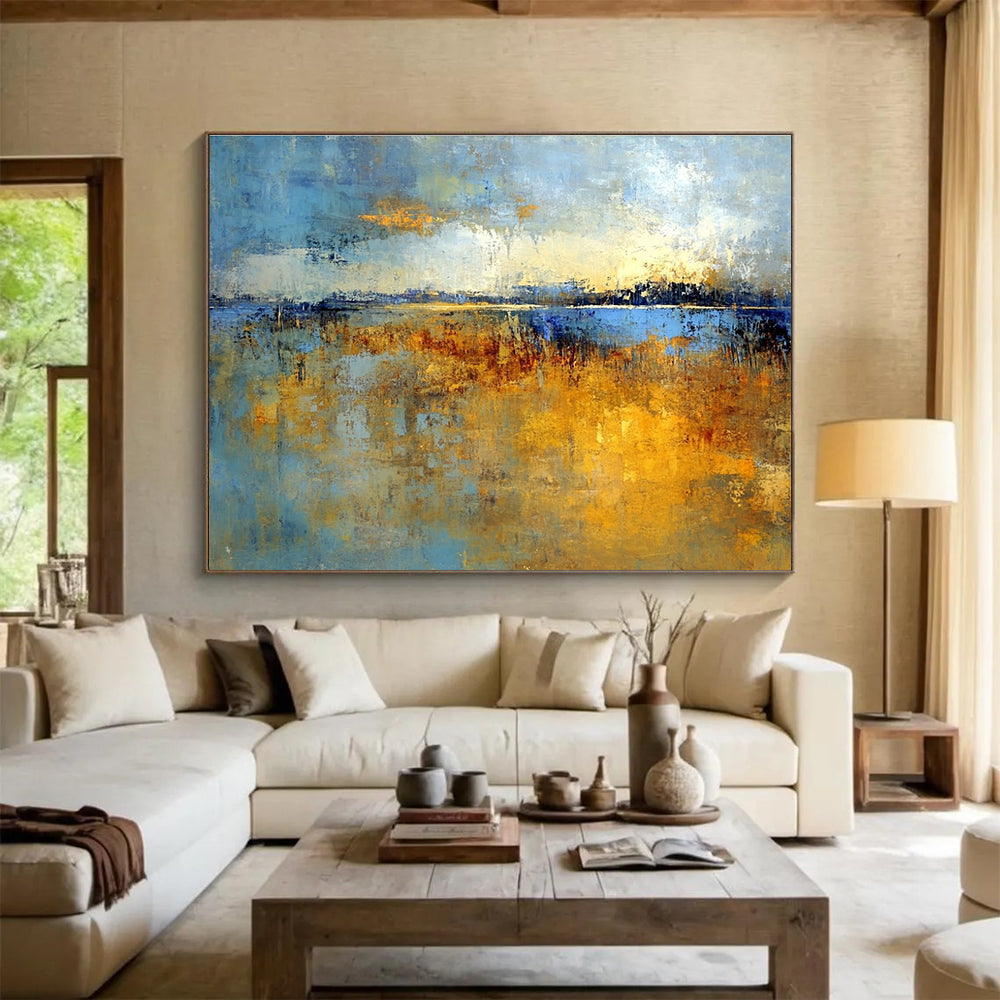 Large abstract painting of marshlands in soft earth tones and blues with gold hints, evoking nostalgia for early mornings in Richard Schmid's style.SC361