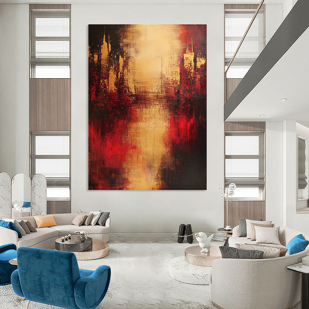 Large abstract painting in red and gold on a dark background with blurred buildings smoke rising and emotional expression of life's pain.STSC444