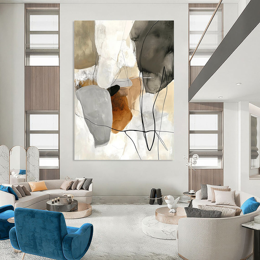 Large abstract painting featuring soft lines and shapes in beige tones with collage elements of black wires and organic textures in dark brown and light gray.STSC798