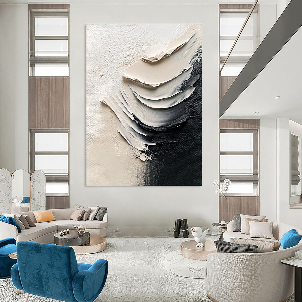 Large abstract painting featuring white paint and black brushstrokes in a minimalist style with delicate details and high-definition photography.STSC1485