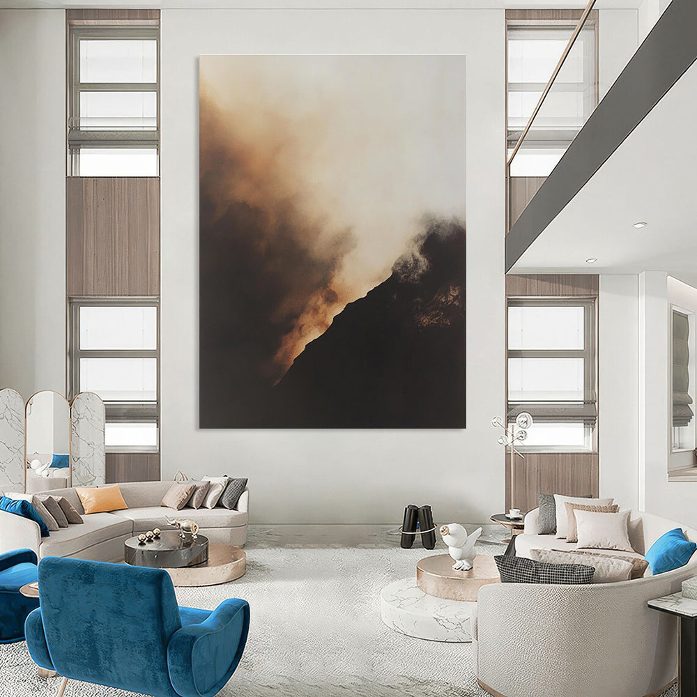 Large abstract painting of smoke rising in a misty atmosphere with a black mountain and golden glow capturing muted tones and hyperrealistic details.STSC698