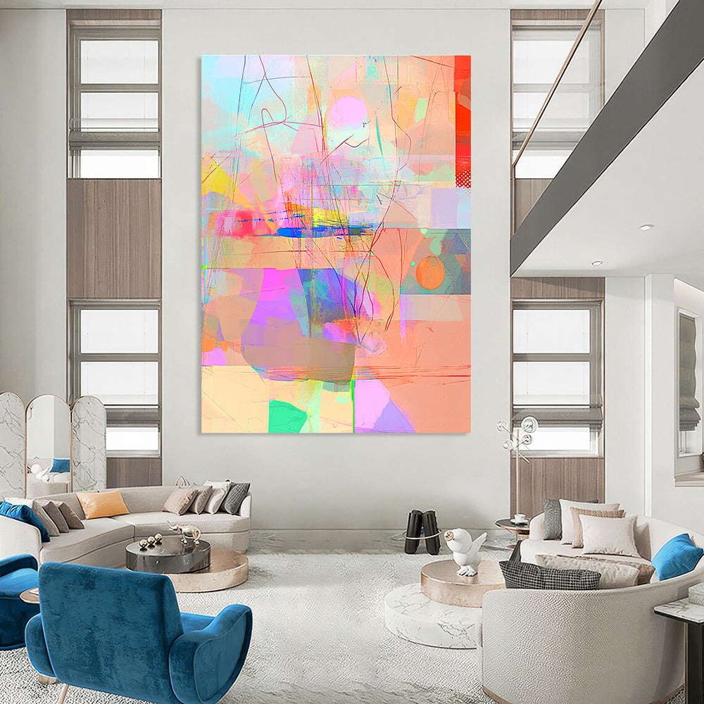 Large Abstract Artwork Blending Minimalism Impressionist Cubofuturism and Glitch Effects in Dreamy Pastel Gradients with Depth and Light Highlights.STSC981