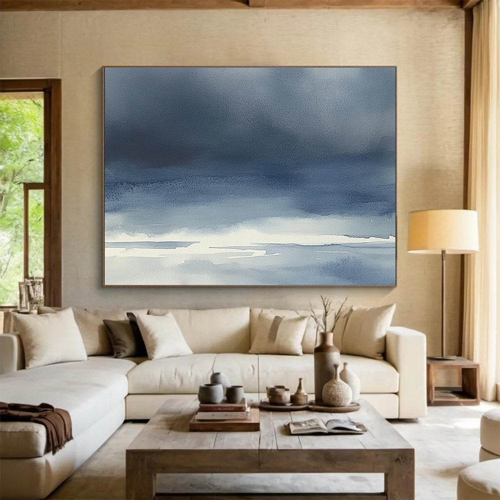 Blue Gradient Seascape Watercolor Abstract Painting with Soothing Tones DYP614