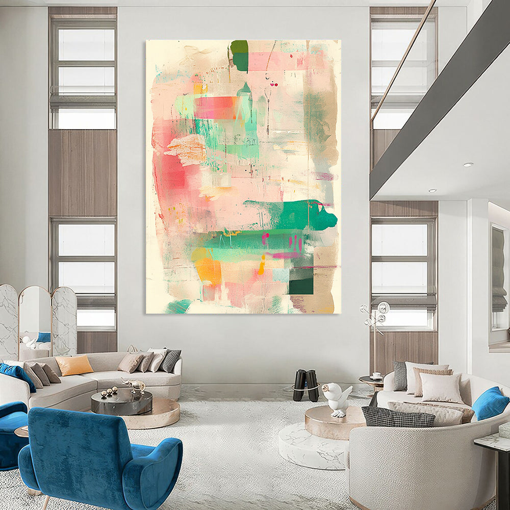 Large abstract artwork featuring muted pastel pink and green tones with mixed media collage elements and vintage paper texture for added depth.STSC1360