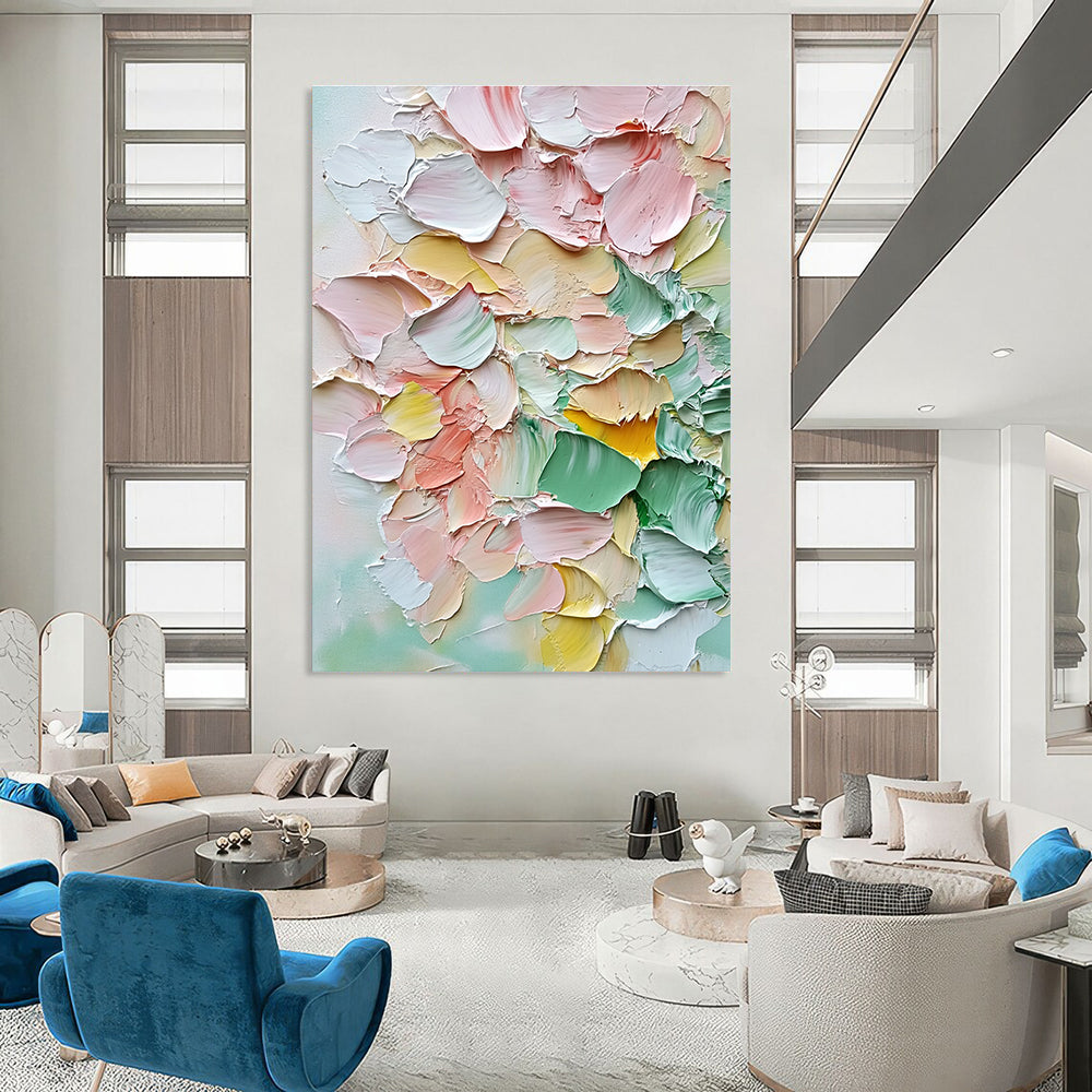 Abstract painting featuring a bouquet of pastel flowers in soft pink and green hues with vibrant accents for a warm romantic atmosphere.STSC1398