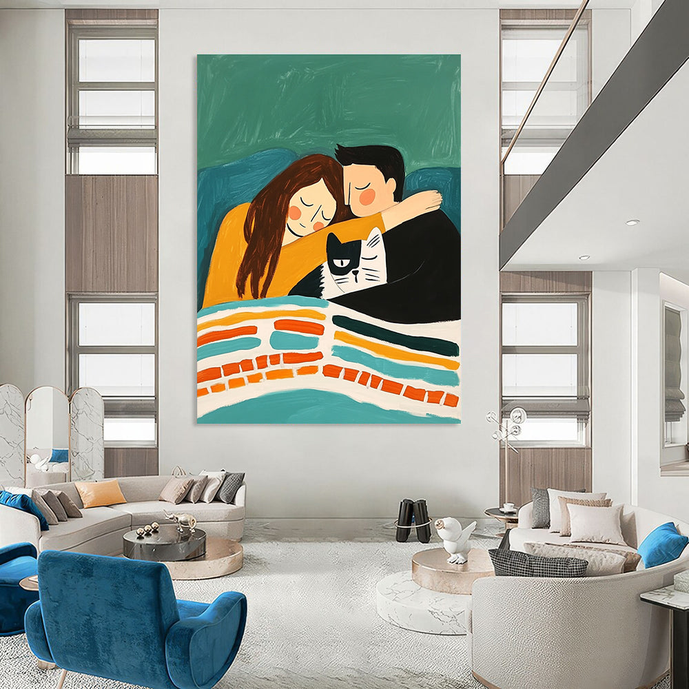 An abstract painting depicting a couple cuddling on a sofa with their cat under a colorful striped blanket against an emerald green background.STSC974
