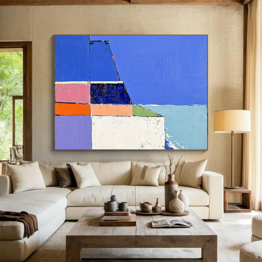 Colorful Geometric Seaside Abstract Painting with Blue and Pastel Tones DYP310