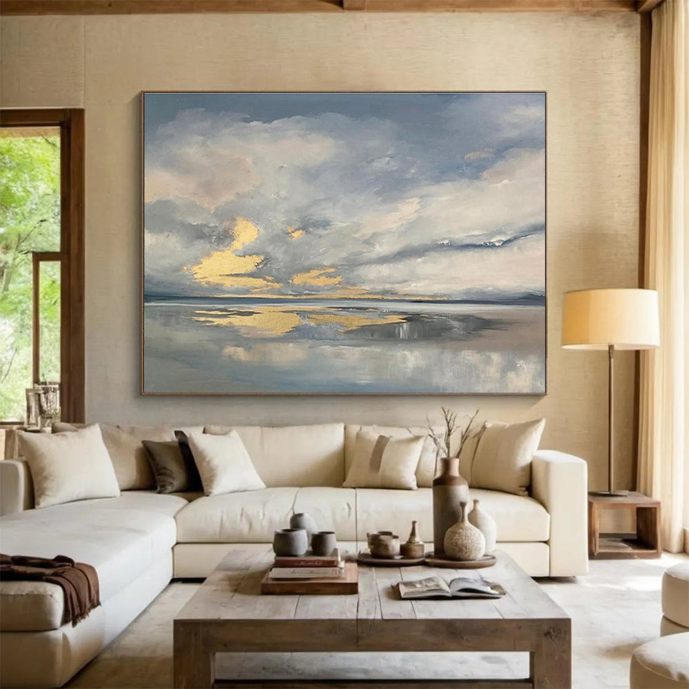 Dramatic Sky and Water Abstract Painting with Grey and Golden Hues THY255