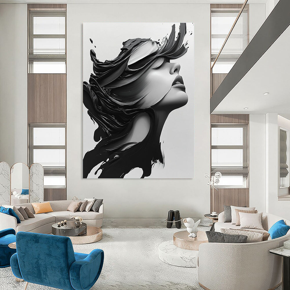 Large abstract painting featuring a close-up portrait of a beautiful woman with long hair blowing, in monochrome colors and dramatic contrast.STSC1469