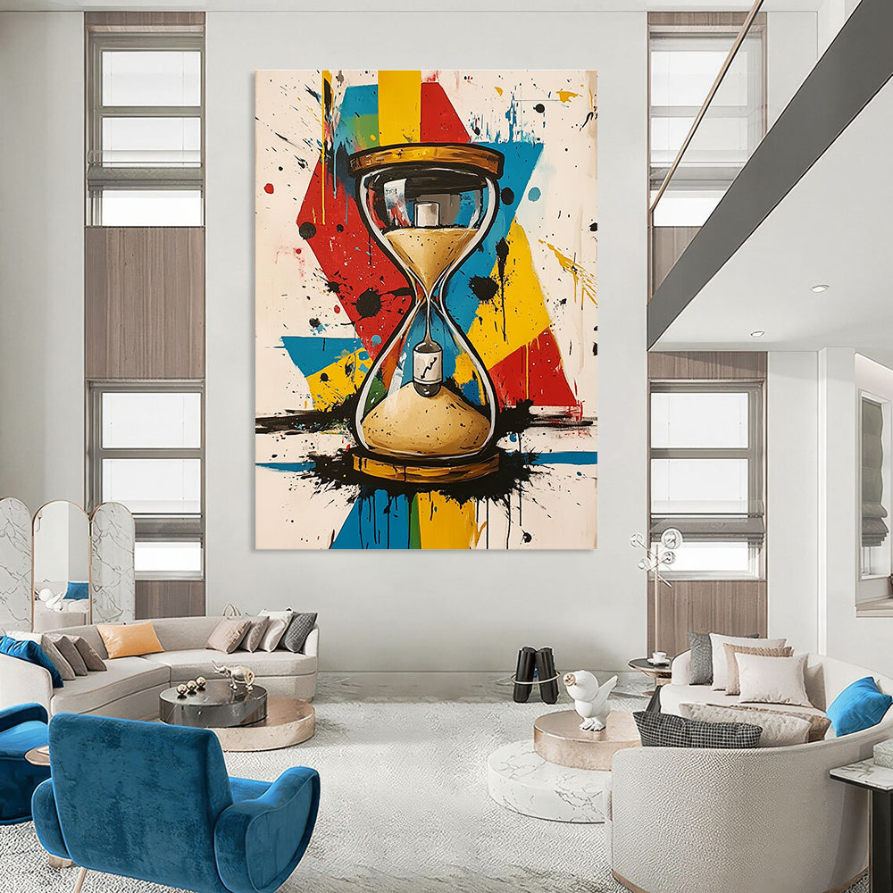 A large abstract painting featuring an hourglass with a bottle in the sand and a vibrant geometric background with paint splatters.STSC853