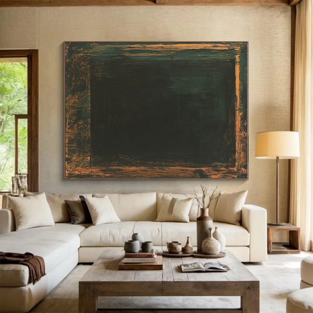 Dark Green and Brown Abstract Painting with Enigmatic Forms GER089