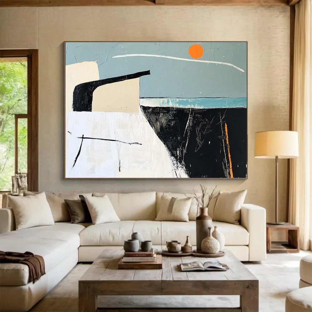 A large abstract painting featuring sea-themed black and white lines, blue and gray blocks, orange accents, and a simple house silhouette against a clear sky.SC388