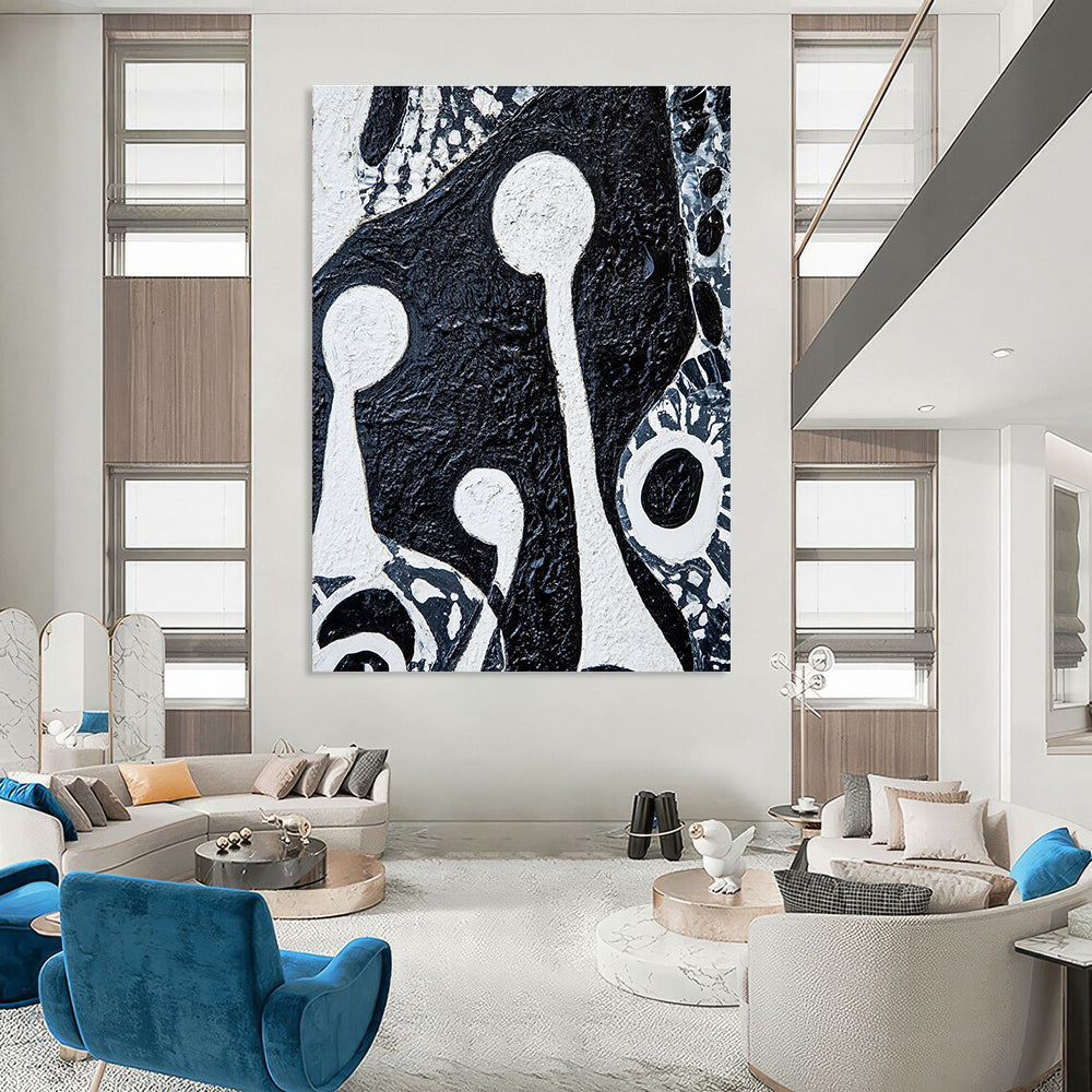 Large abstract painting featuring bold black and white patterns with tribal art elements and two figures holding musical instruments on textured canvas.STSC937