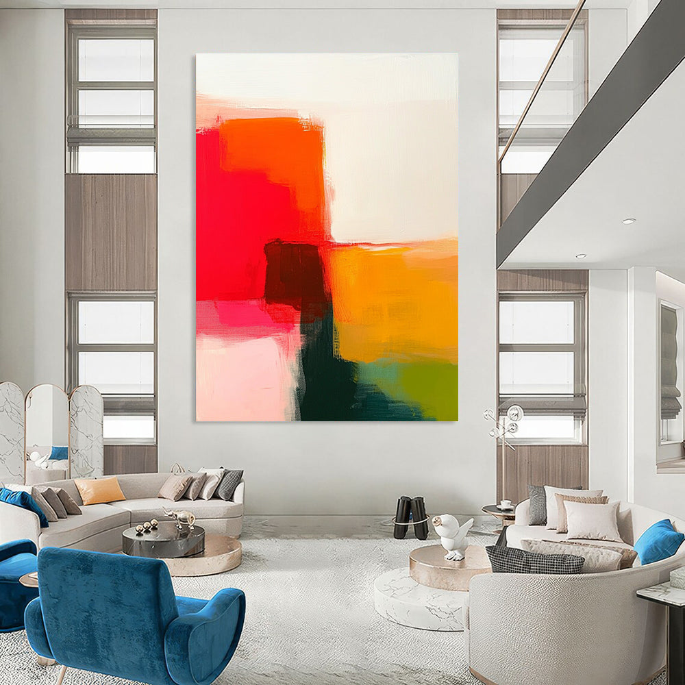 An abstract painting featuring warm reds and oranges with green on a white background showcasing simple shapes and soft edges.STSC629