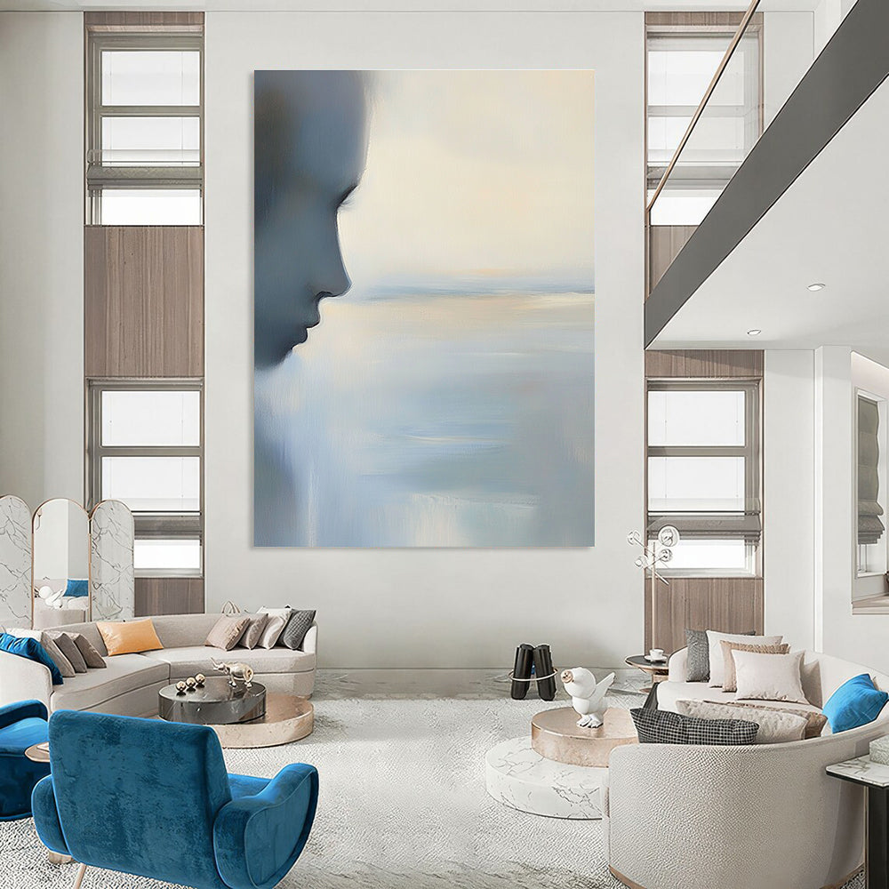 Abstract painting of the ocean and sky in soft blues and greys with calming minimalist aesthetics and delicate color accents.STSC883
