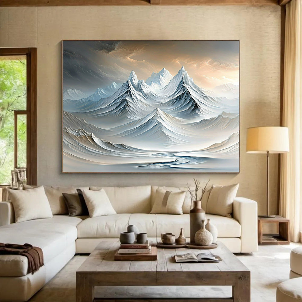 Surreal Snowy Peaks Dreamlike Abstract Painting with Soft White and Blue Tones DYP609