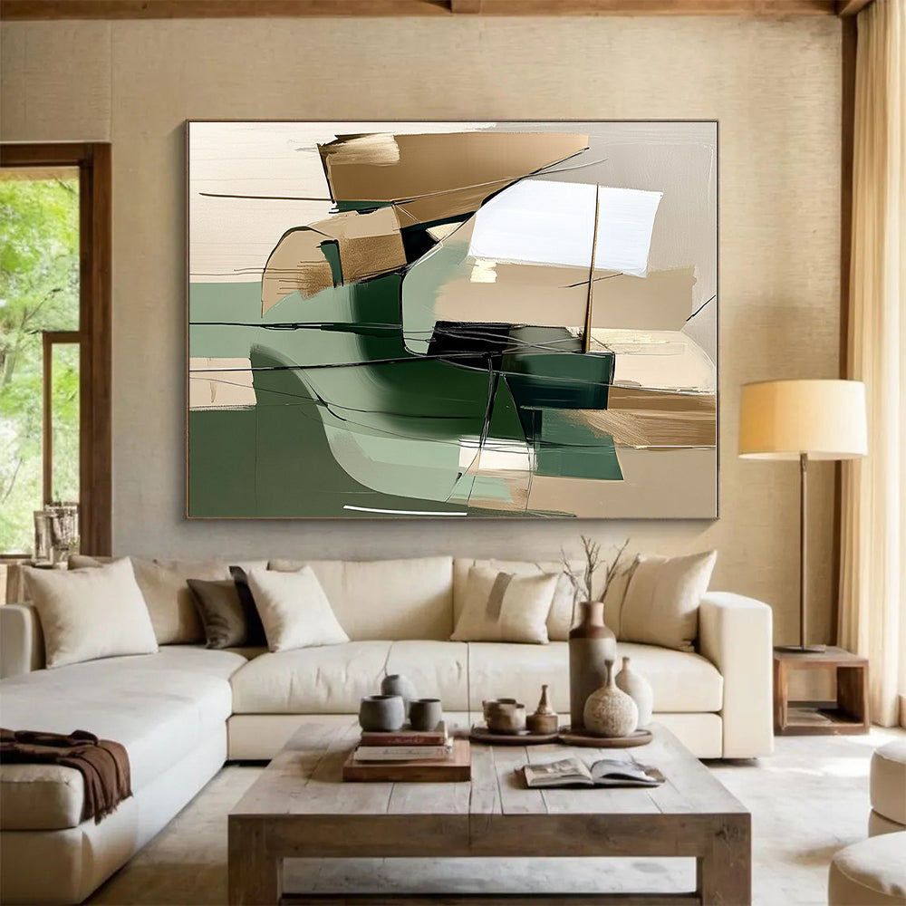 Green and Beige Abstract Painting with Dynamic Lines GER442