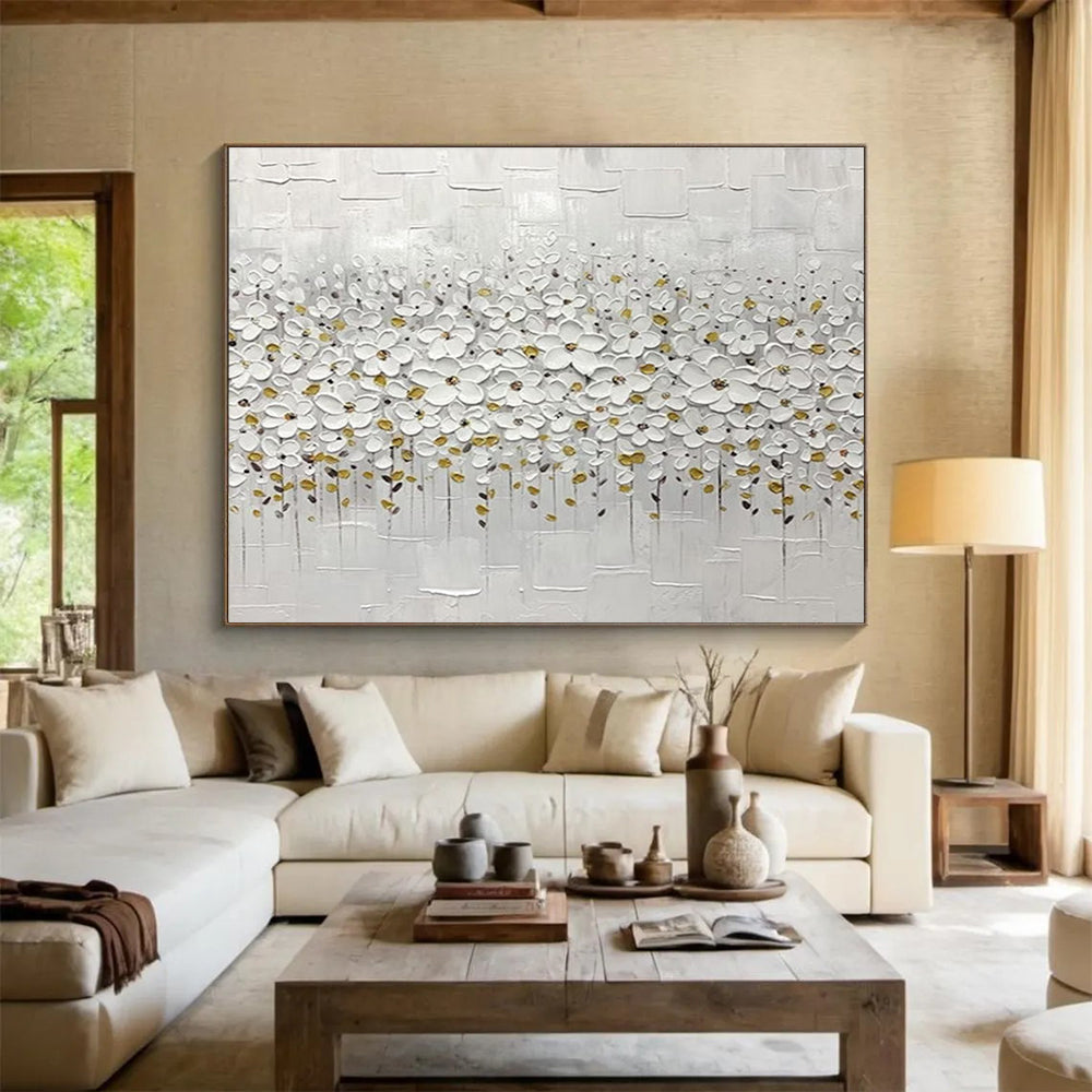 White Flower Field Abstract Painting with White, Gold, and Grey Tones THY214