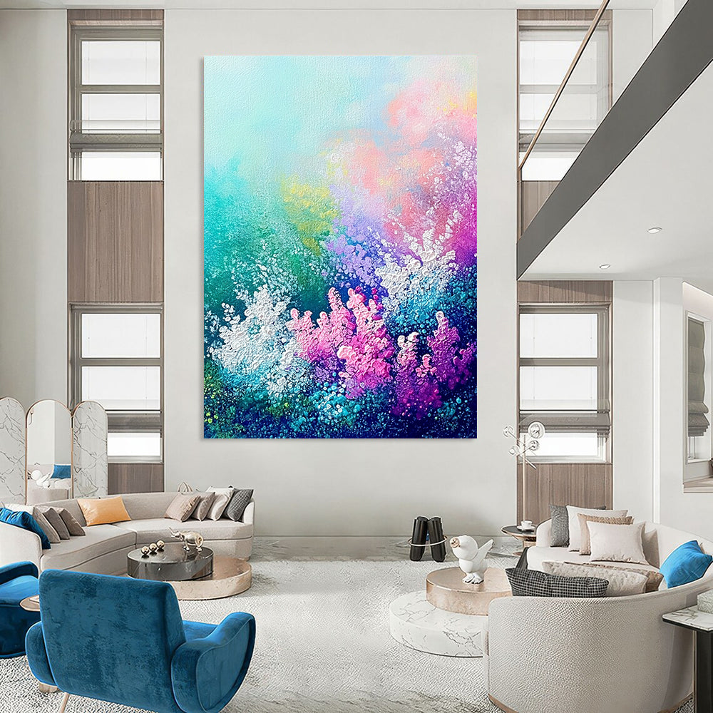 Large abstract painting of an underwater garden featuring vibrant coral sea flowers and plants in soft pastel hues.STSC1119