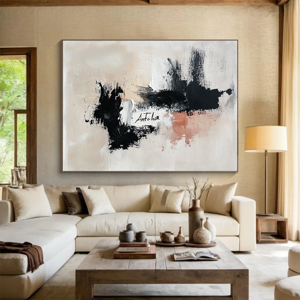 Large abstract painting featuring the word Antcha in soft black and white strokes with dynamic brushwork in a harmonious palette of gray and warm tones.SC311