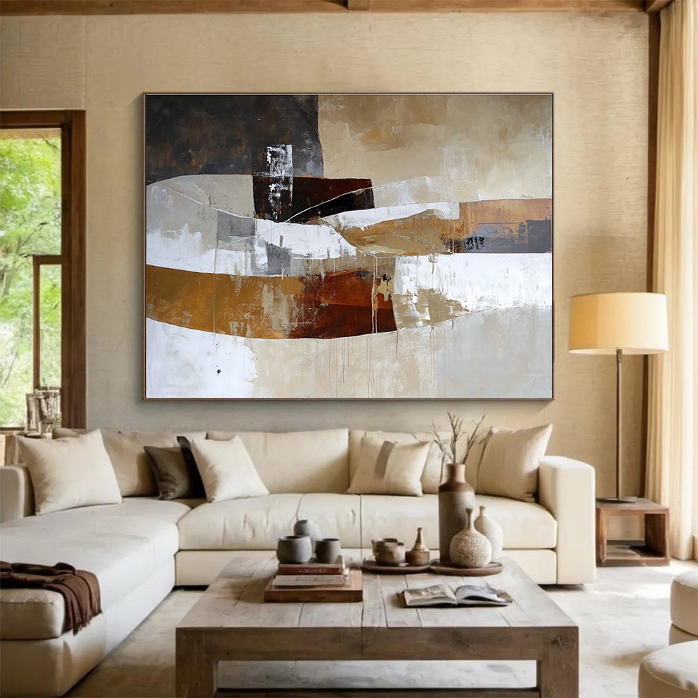A large abstract oil painting featuring shapes and lines in earthy tones of white beige brown and grey in a rustic landscape styleSC321