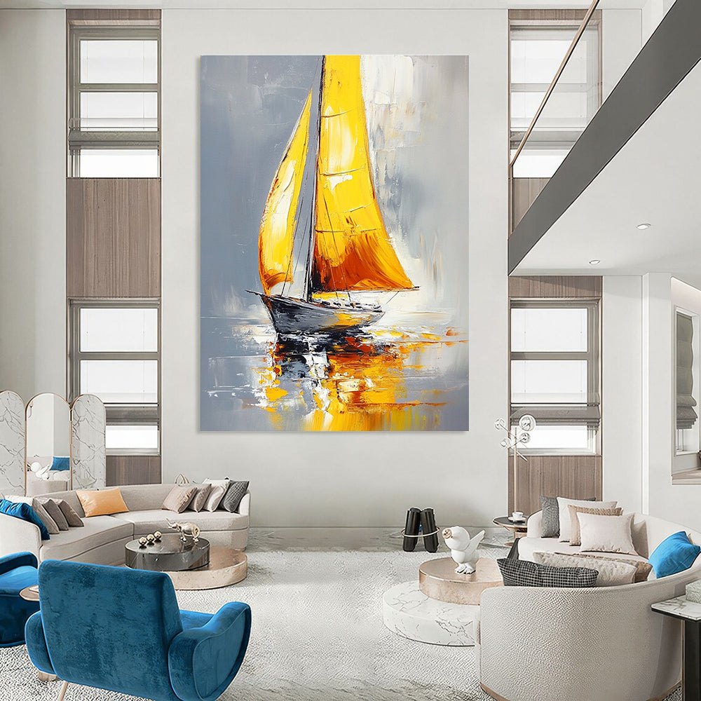Large abstract painting of a sailboat with yellow sails on water featuring gray background and warm colors with soft lighting and bold brushstrokes.STSC1400