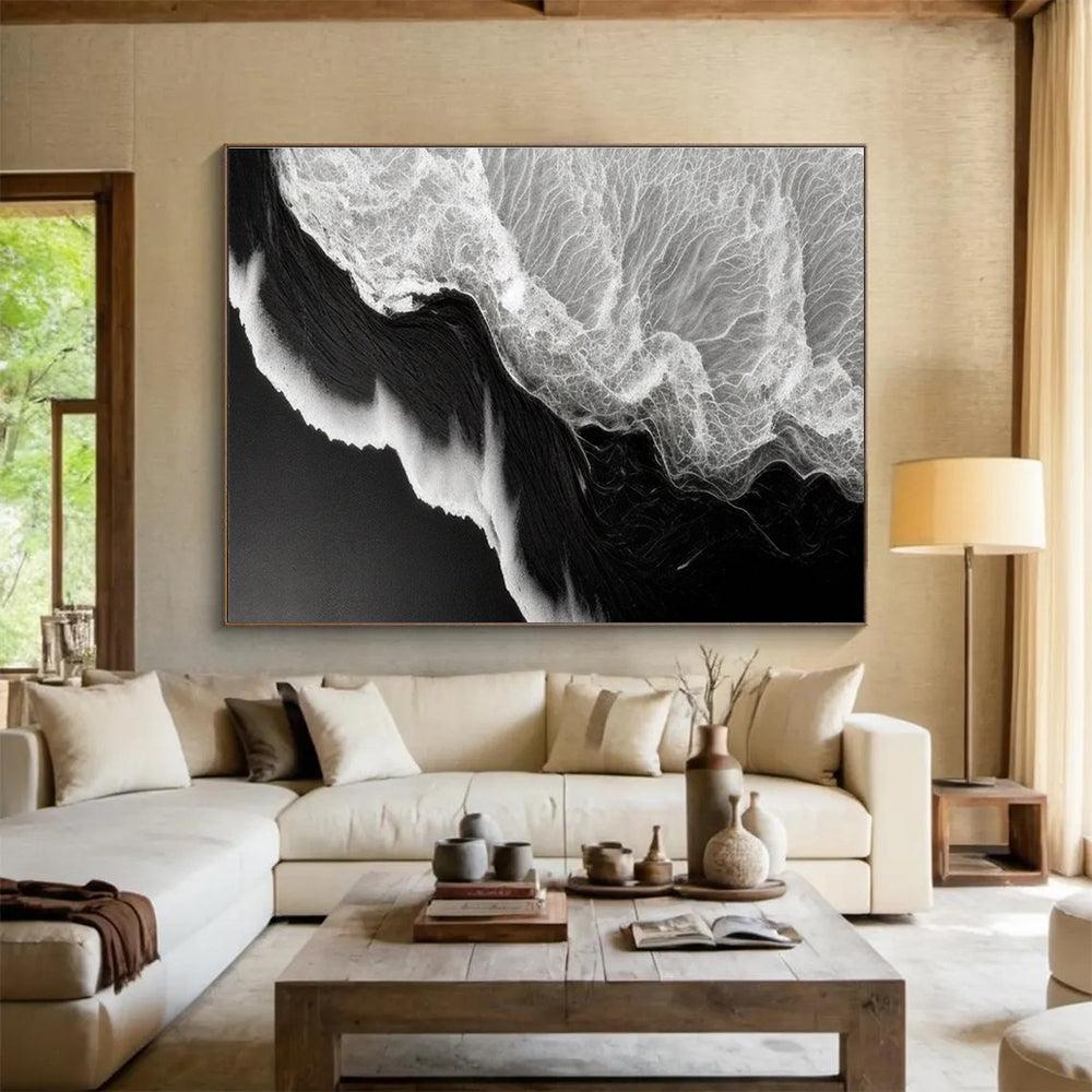 Black White Wave Abstract Painting THY074