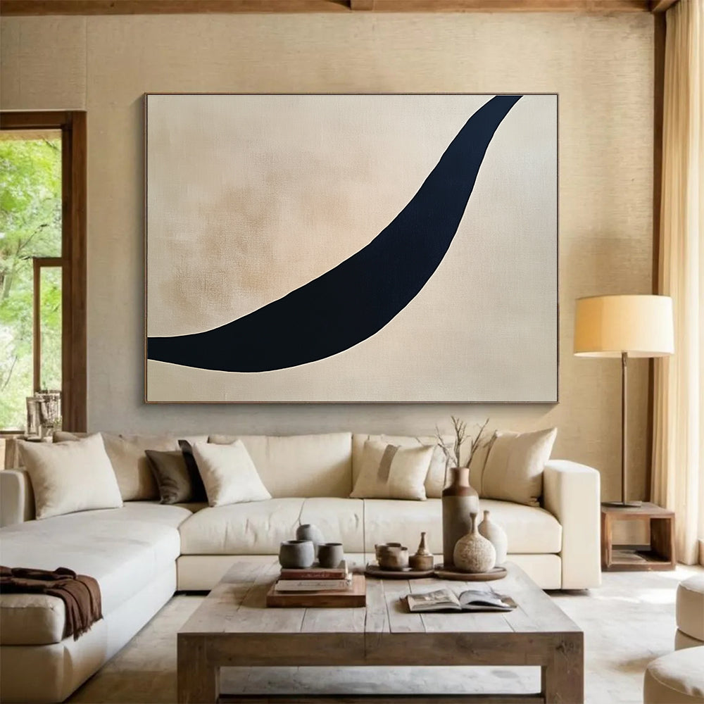 Curved Black Line on Beige Abstract Painting with Minimalist Design DYP584