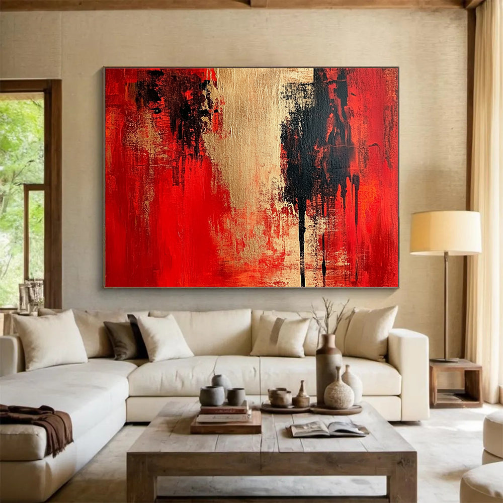 Large abstract painting featuring textured red and beige, vintage oil color palette, high resolution, detailed, and high contrast art inspired by Carolee Schneemann.SC272