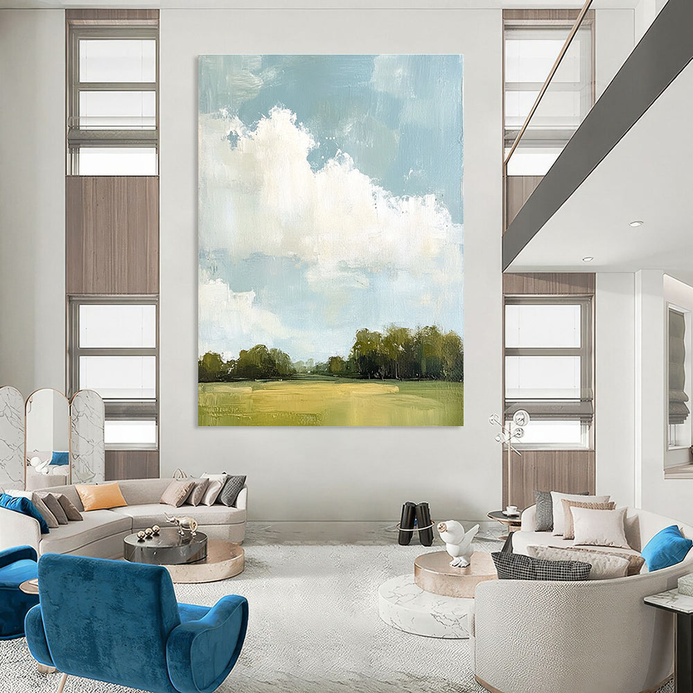 Large abstract painting depicting distant clouds and lush greenery with soft hues and thick brush strokes.STSC874