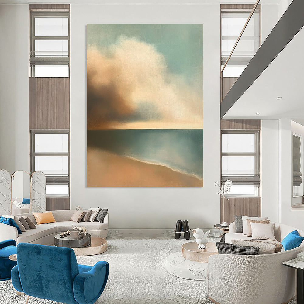 Large abstract oil painting of muted pastel colors depicting clouds and sky over the ocean inspired by Edward Hopper with earthy tones.STSC596